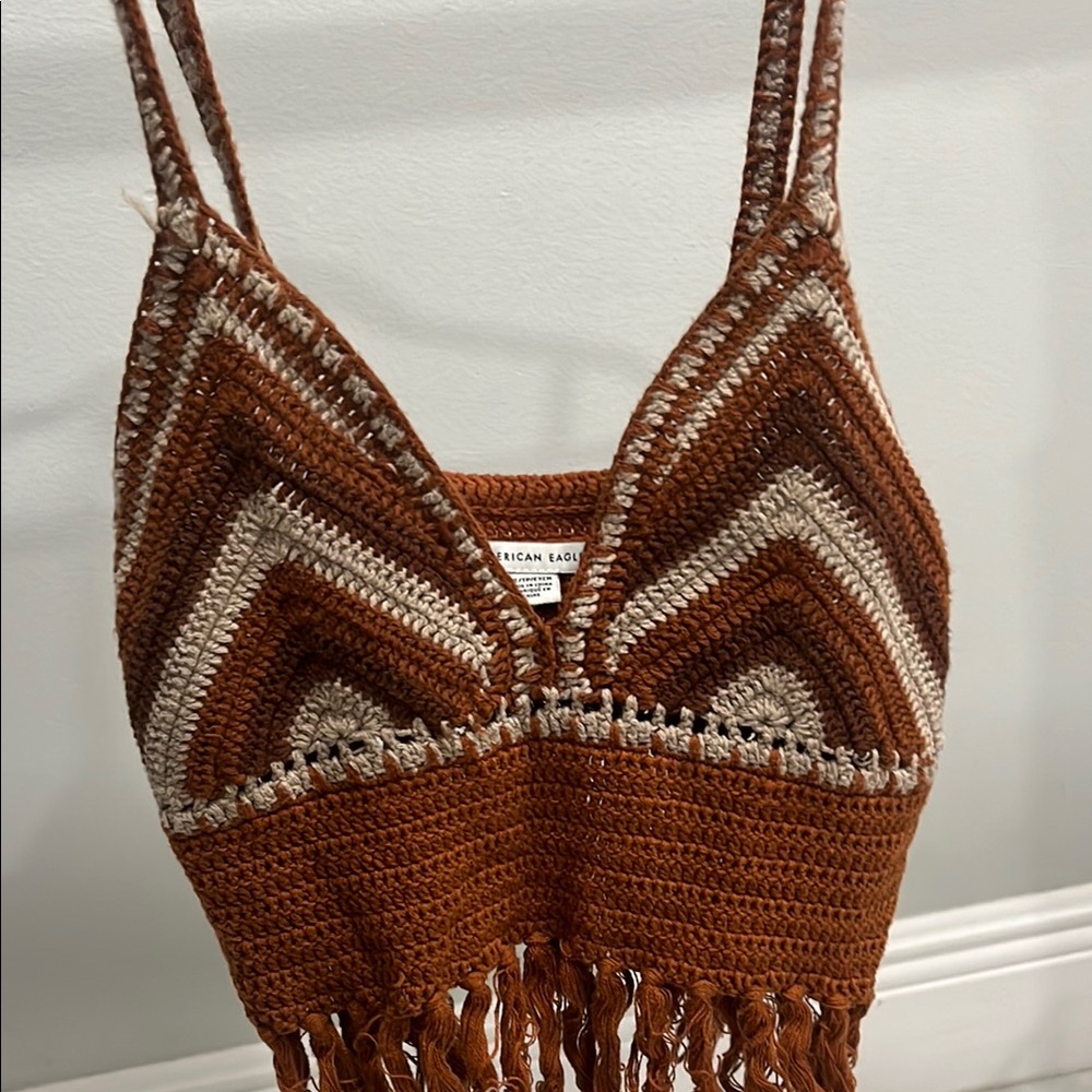 Brown and Cream Crochet Fringe Top
